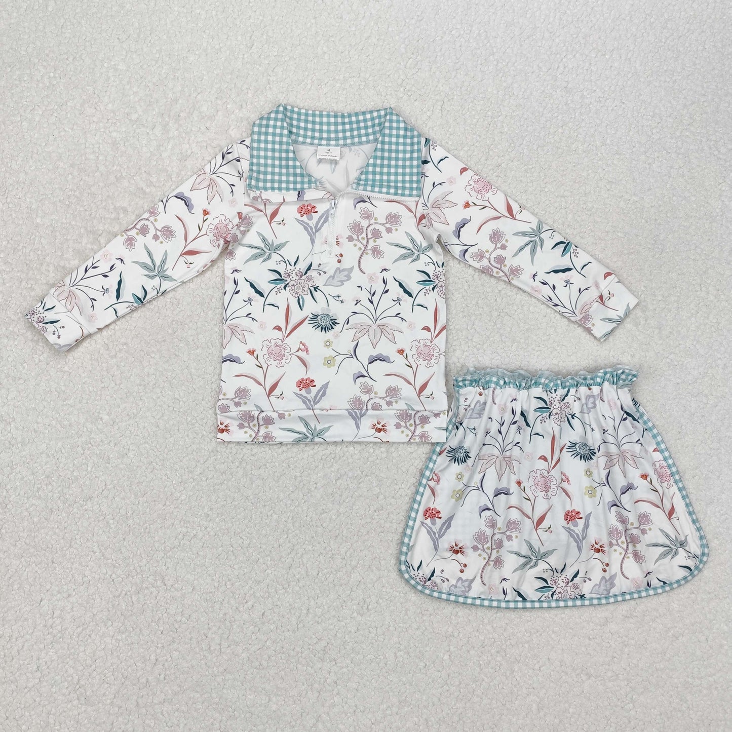 RTS NO MOQ ETA 5/7days Arrived GLD0973 Flower and leaf green plaid zipper long-sleeved short skirt set