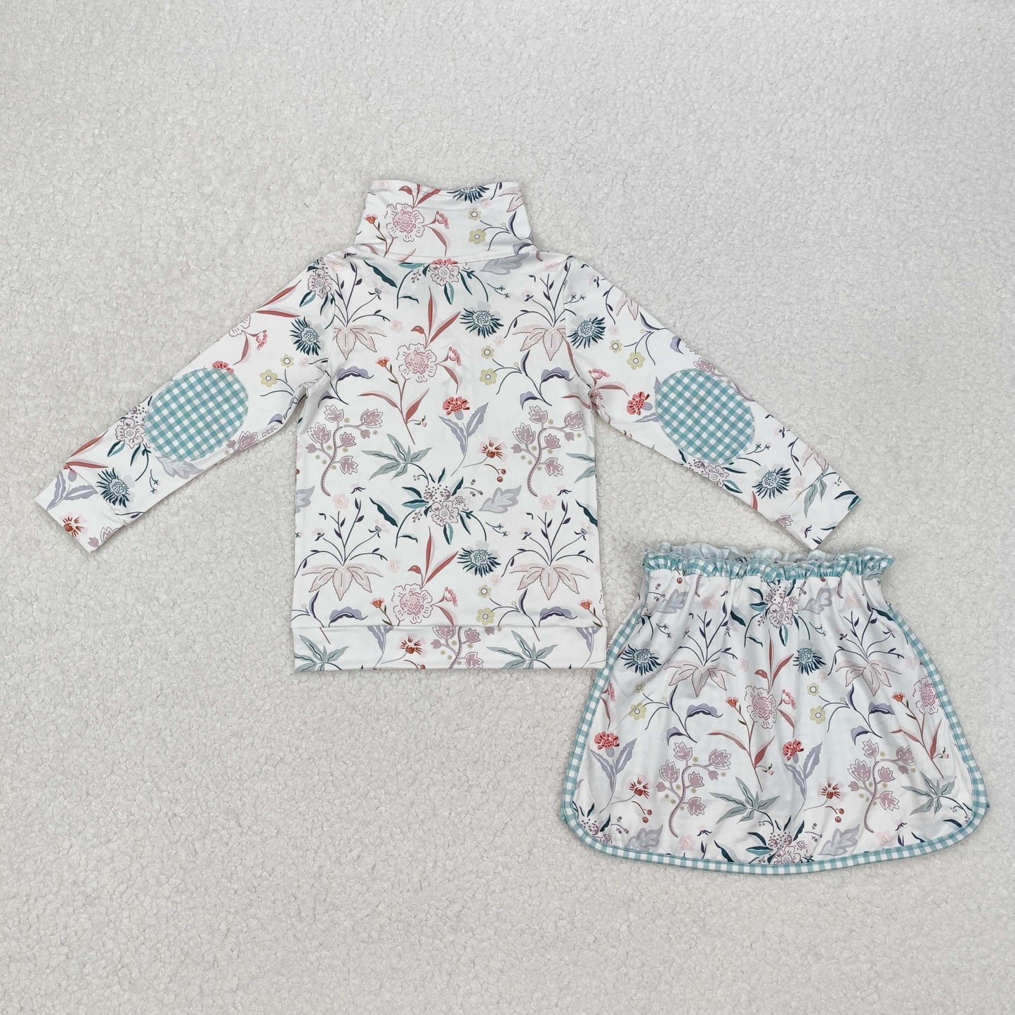 RTS NO MOQ ETA 5/7days Arrived GLD0973 Flower and leaf green plaid zipper long-sleeved short skirt set