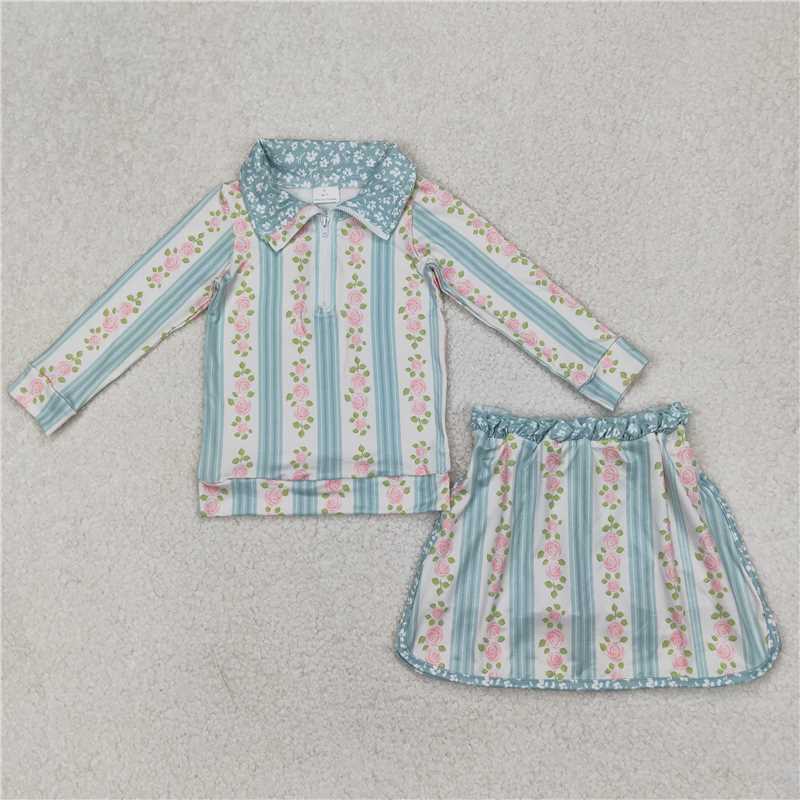 RTS NO MOQ Sibling milk silk Baby Girls Flowers Long Sleeve Zip Top Skirt Cute Sets