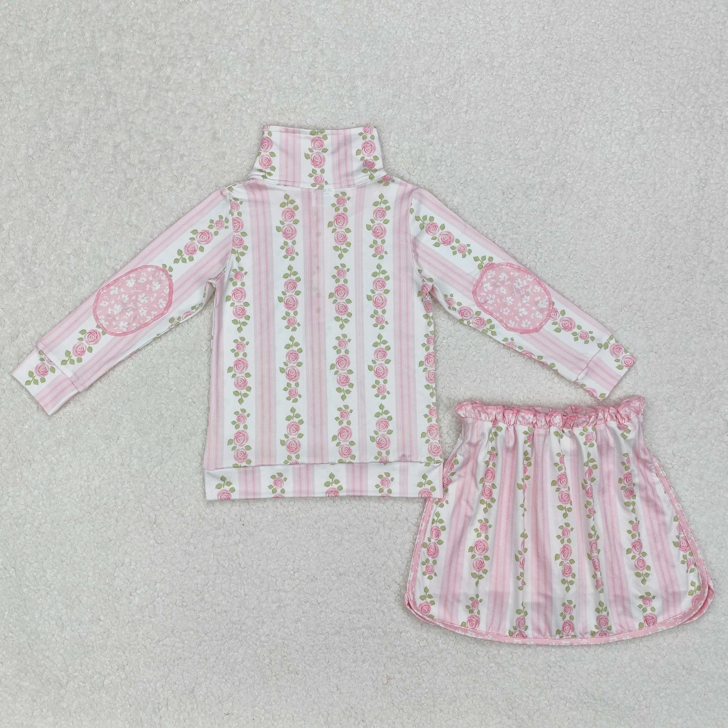 RTS NO MOQ ETA 5/7days Arrived GLD1002 flower leaf pink stripe zipper long-sleeved pants skirt set