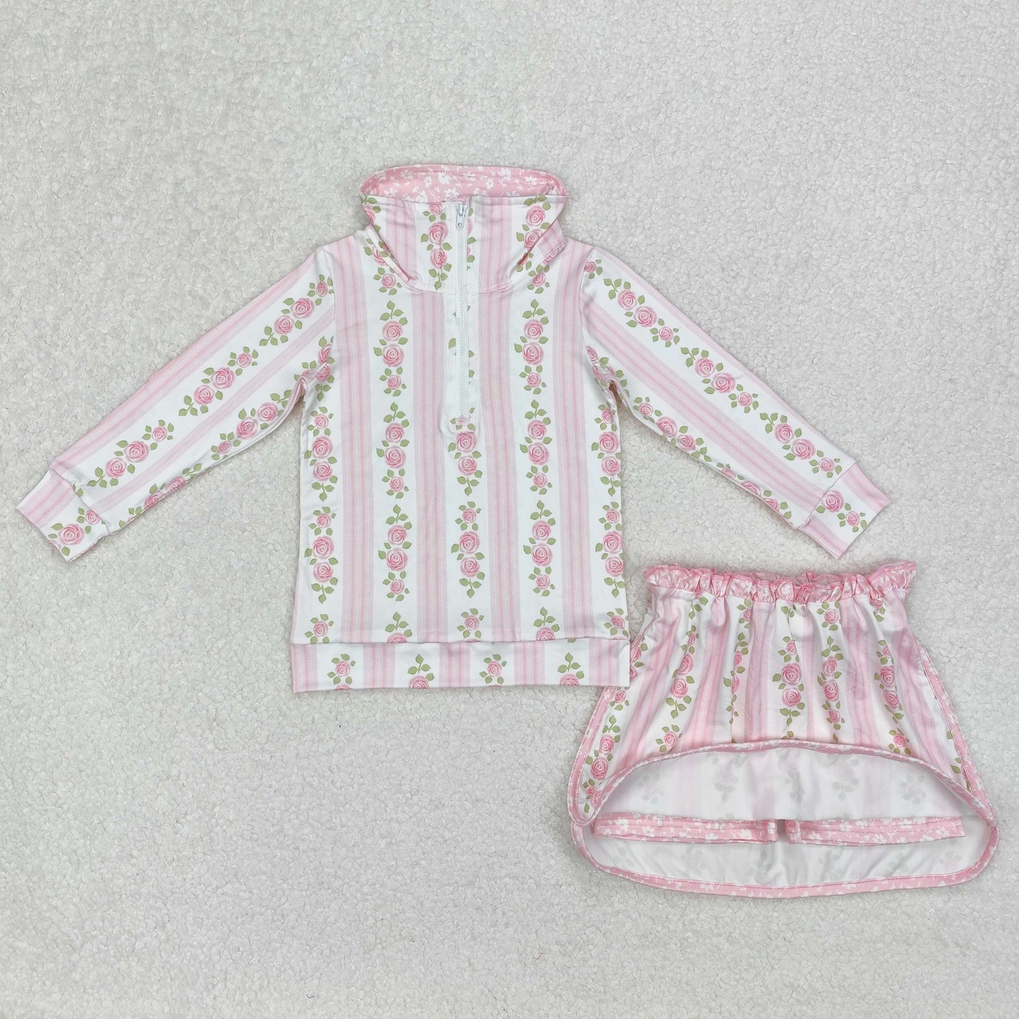 RTS NO MOQ ETA 5/7days Arrived GLD1002 flower leaf pink stripe zipper long-sleeved pants skirt set
