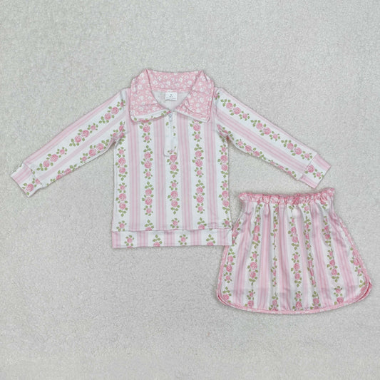 RTS NO MOQ ETA 5/7days Arrived GLD1002 flower leaf pink stripe zipper long-sleeved pants skirt set