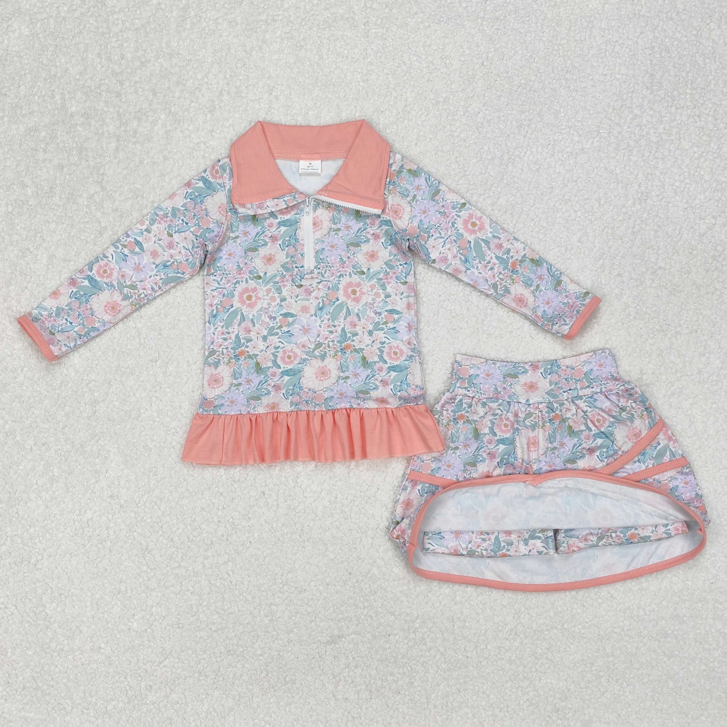 RTS NO MOQ ETA 5/7days Arrived GLD1010 Flower leaf pink lace zipper long-sleeved short skirt suit