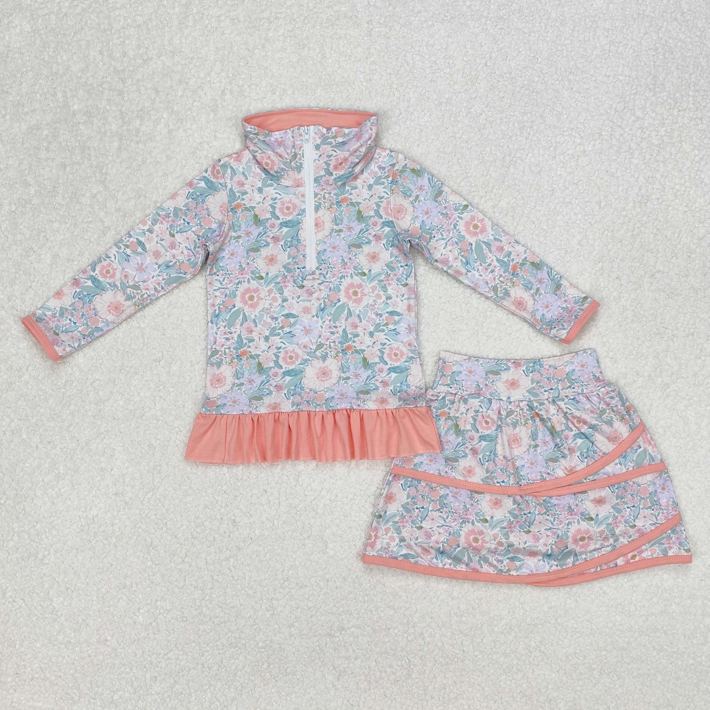 RTS NO MOQ ETA 5/7days Arrived GLD1010 Flower leaf pink lace zipper long-sleeved short skirt suit