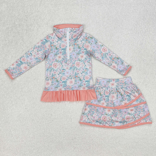 RTS NO MOQ ETA 5/7days Arrived GLD1010 Flower leaf pink lace zipper long-sleeved short skirt suit