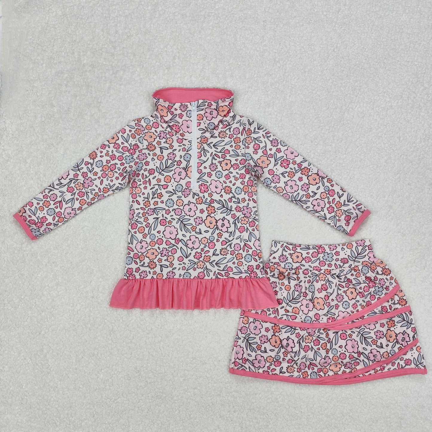RTS NO MOQ ETA 5/7days Arrived GLD1011 Floral flower leaf rose red lace zipper long sleeve short skirt set