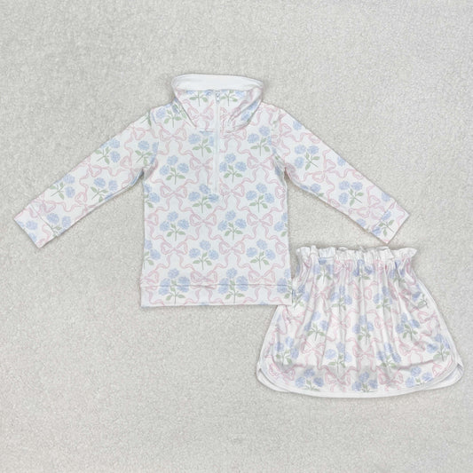 RTS NO MOQ ETA 5/7days Arrived GLD1012 Flower pink bow pattern white zipper long-sleeved short skirt suit