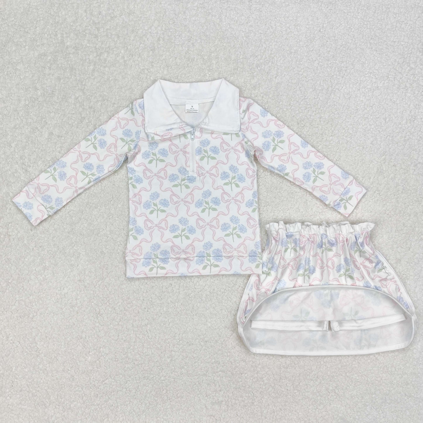 RTS NO MOQ ETA 5/7days Arrived GLD1012 Flower pink bow pattern white zipper long-sleeved short skirt suit