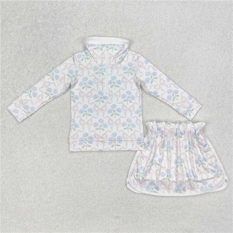 RTS NO MOQ Sibling milk silk Baby Girls Flowers Long Sleeve Zip Top Skirt Cute Sets