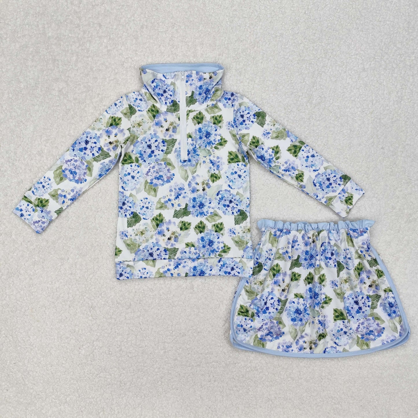 RTS NO MOQ ETA 5/7days Arrived GLD1016 Hydrangea leaf blue and white zipper long sleeve lace pants skirt suit