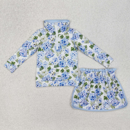 RTS NO MOQ ETA 5/7days Arrived GLD1016 Hydrangea leaf blue and white zipper long sleeve lace pants skirt suit