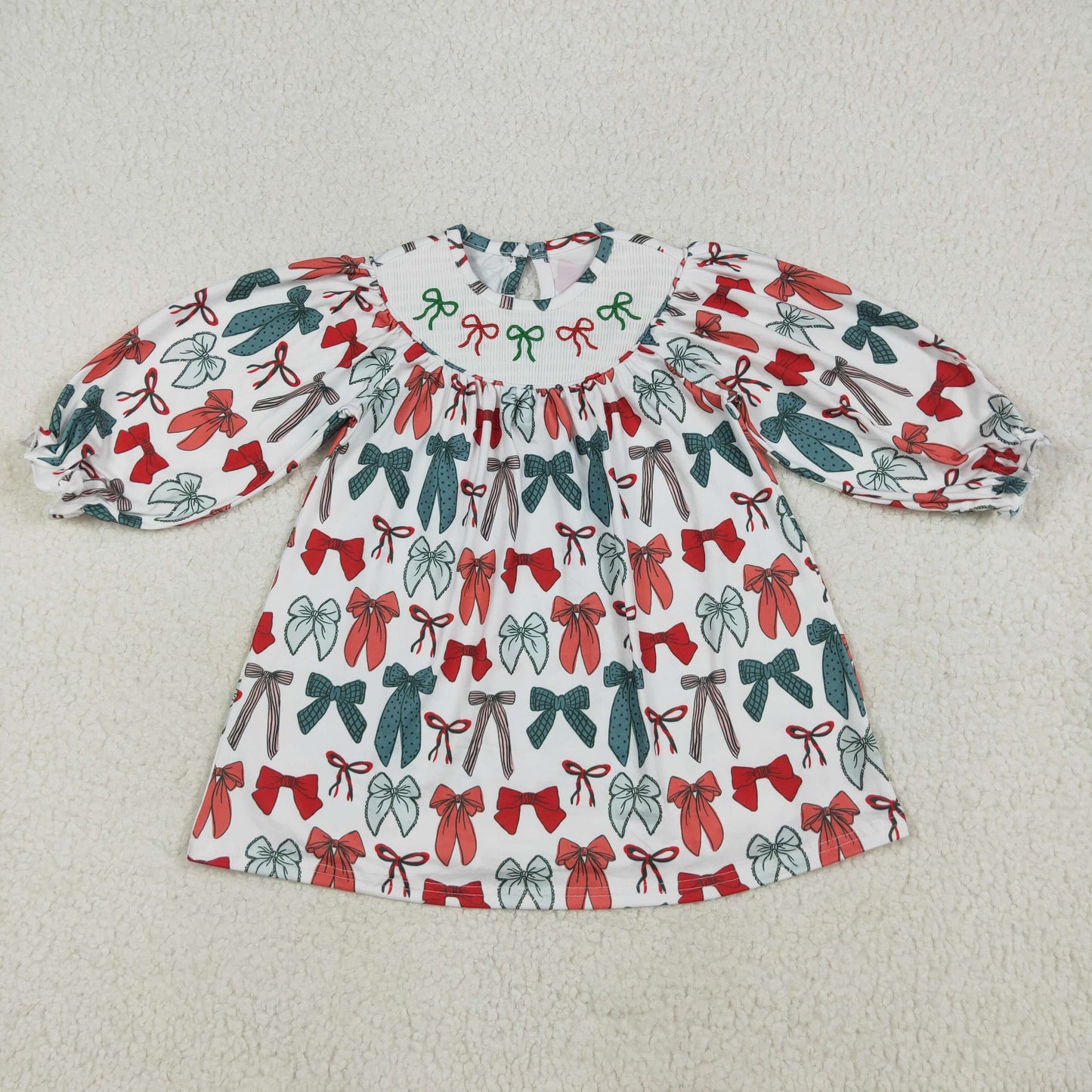 RTS NO MOQ（In Stock）GLD1028 smocked embroidered Christmas bow pattern beige long sleeve dress