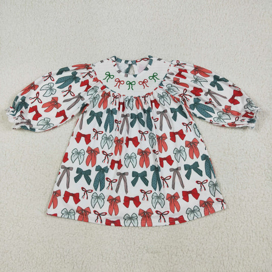 RTS NO MOQ（In Stock）GLD1028 smocked embroidered Christmas bow pattern beige long sleeve dress
