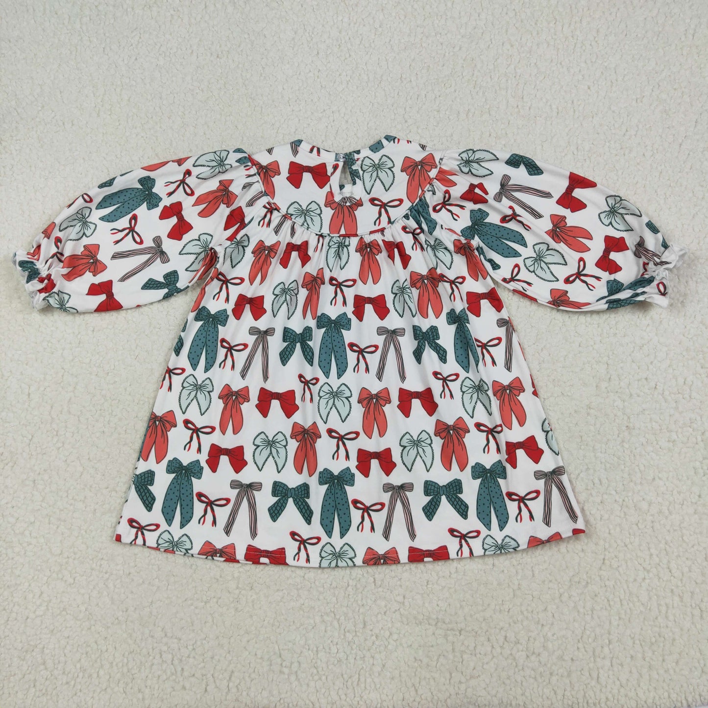 RTS NO MOQ（In Stock）GLD1028 smocked embroidered Christmas bow pattern beige long sleeve dress