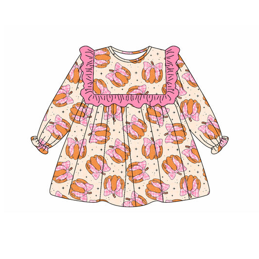 no moq GLD1048 PRE-ORDER baby girl clothes bow pumpkin long sleeve dress-2025.5.15