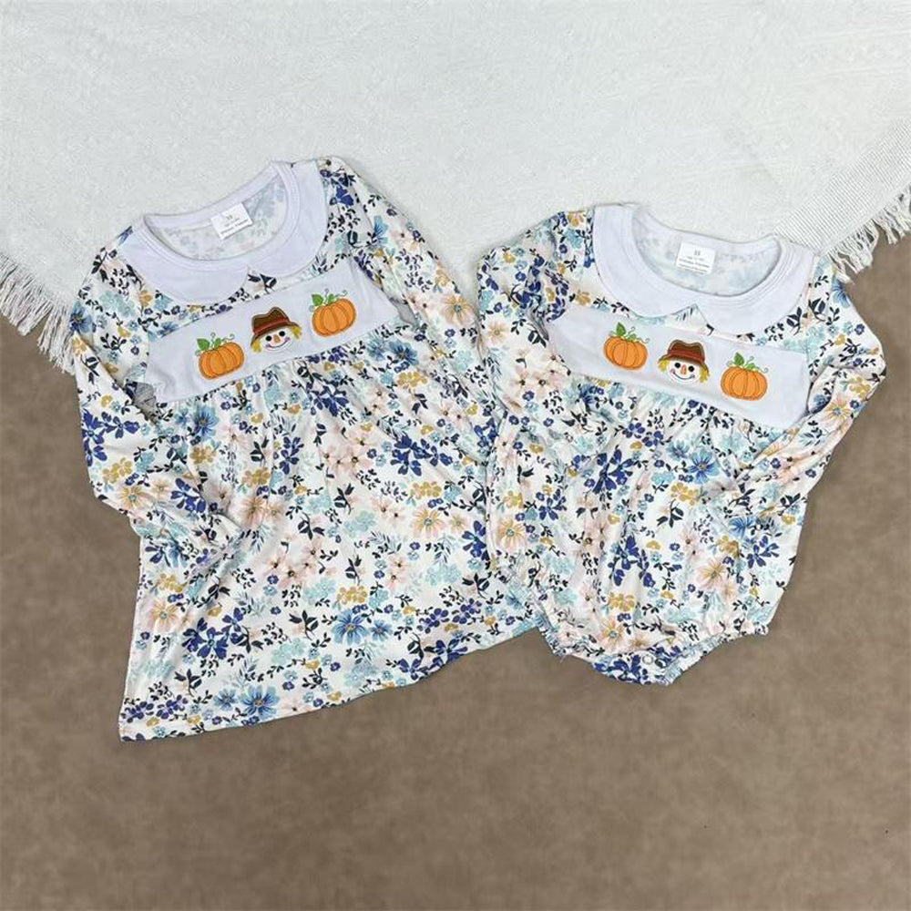 RTS NO MOQ Sibling baby girl clothes embroidered pumpkin long sleeve dress and romper