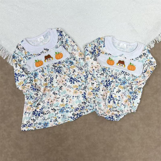RTS NO MOQ Sibling baby girl clothes embroidered pumpkin long sleeve dress and romper