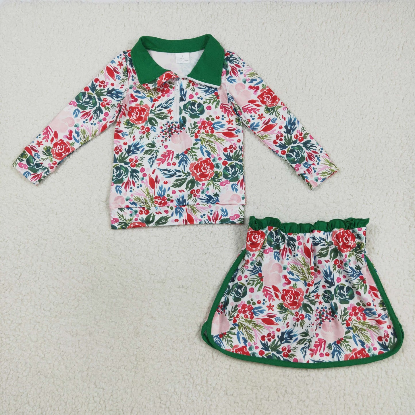 RTS NO MOQ Sibling baby girls clothes floral bow pattern zip-up long-sleeved skirt sets