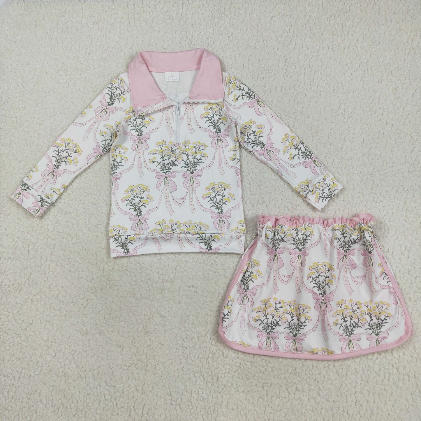 RTS NO MOQ Sibling baby girls clothes floral bow pattern zip-up long-sleeved skirt sets
