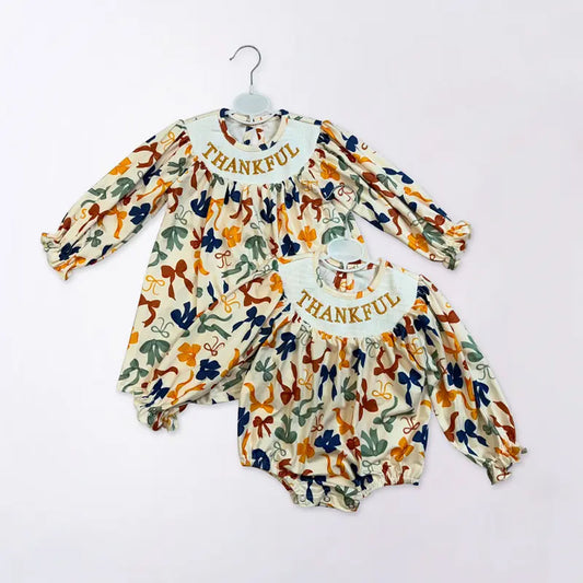 RTS Sibling baby girls clothes smocked embroidery long Sleeve dress and rompers