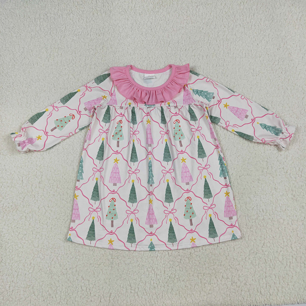 RTS NO MOQ Sibling milk silk Baby Girls Pink Christmas Tree Print Ruffle Neck Long Sleeve Pajama Set Romper Dress