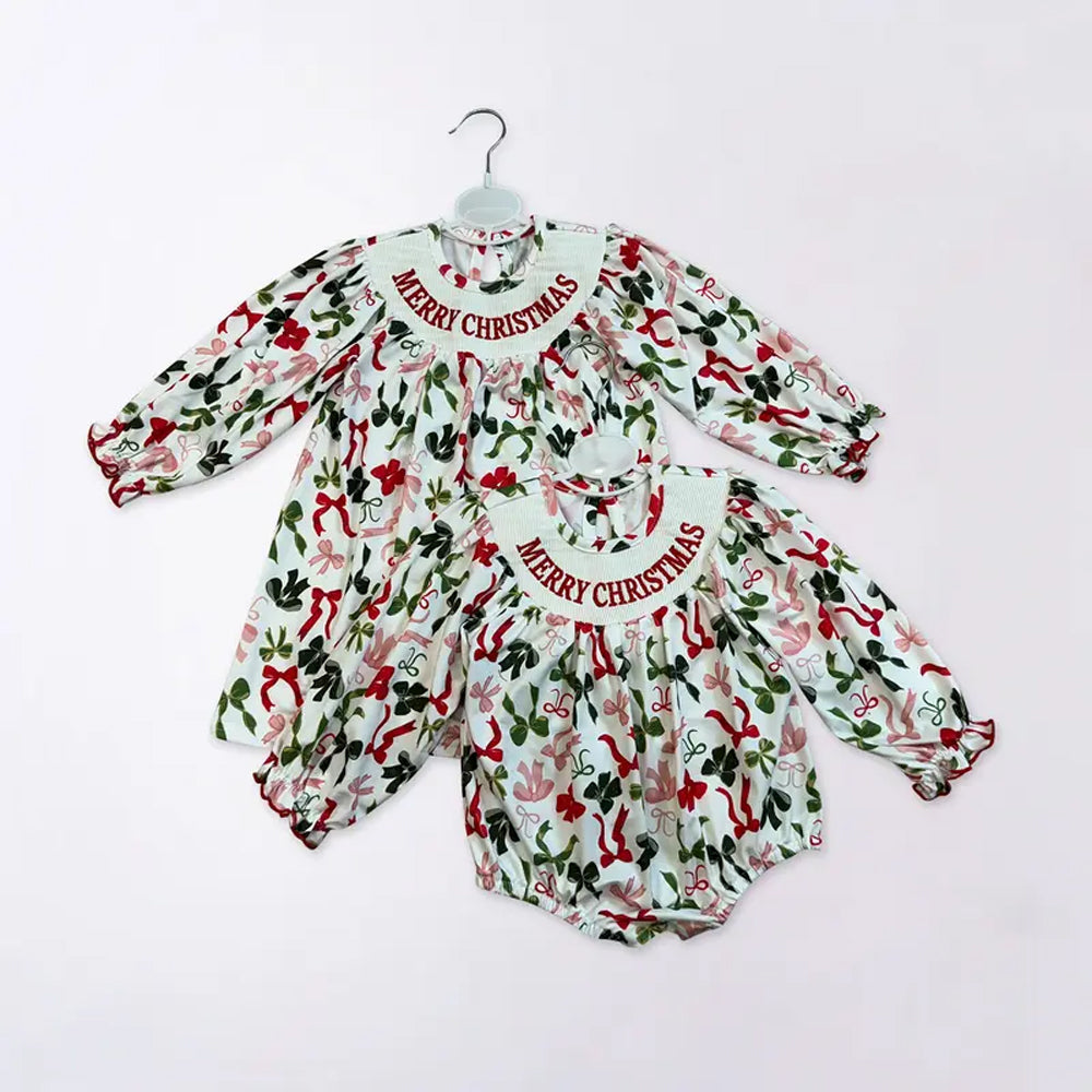 RTS Sibling baby girls clothes smocked embroidery Christmas long Sleeve dress and rompers