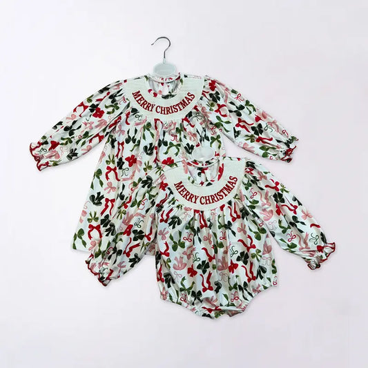 RTS Sibling baby girls clothes smocked embroidery Christmas long Sleeve dress and rompers