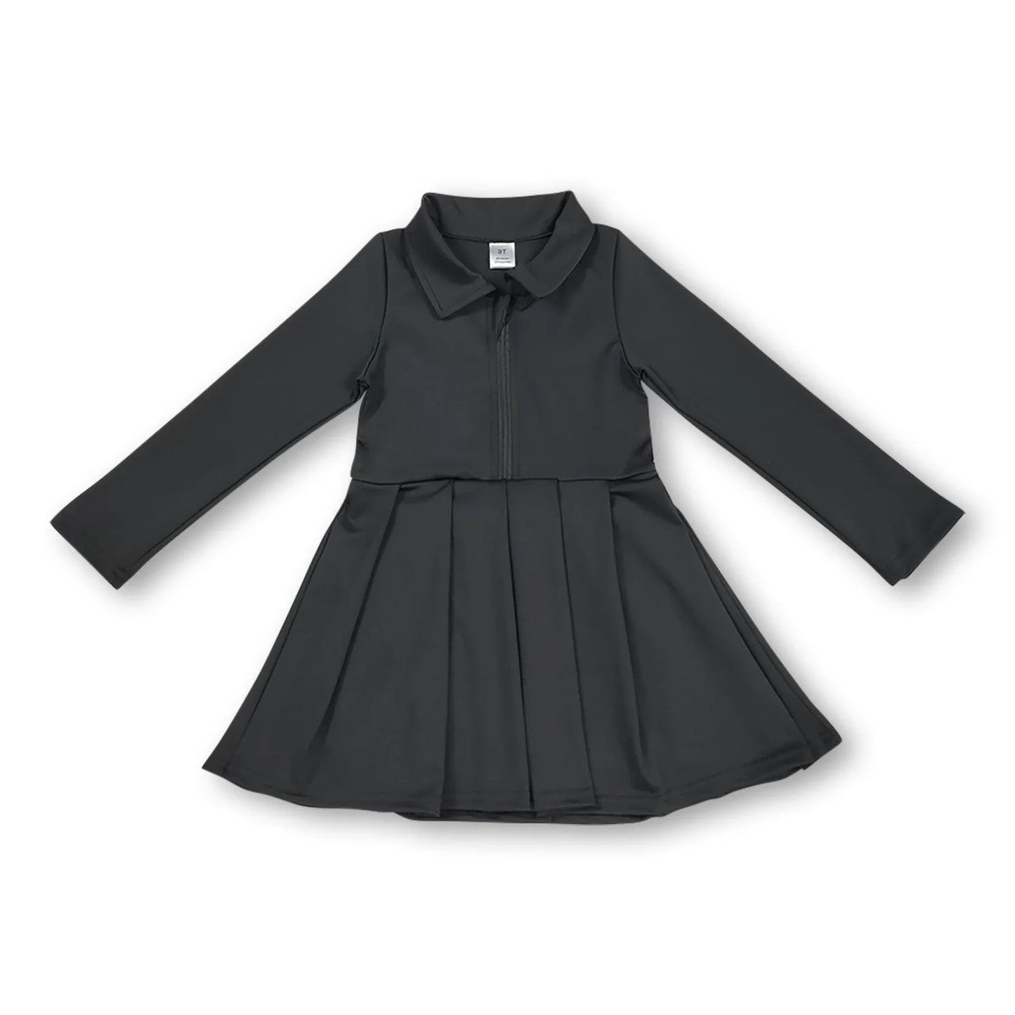RTS NO MOQ Sibling yoga fabric cotton Baby Girls Solid Color Long Sleeve Zipper Front Yoga Knee Length Pleated Dress Active Sports Clothes