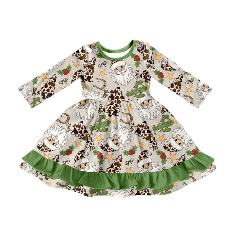 (Preorder new) No moq GLD1213 Baby Girls Cute Long Sleeves Santa Cactus Plaid Ruffle Knee Length Festival Dresses