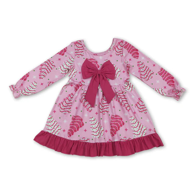 RTS NO MOQ Sibling Baby Girls Pink Stripe Trees Stars Bow Christmas Knee Ruffle Length Dresses Rompers