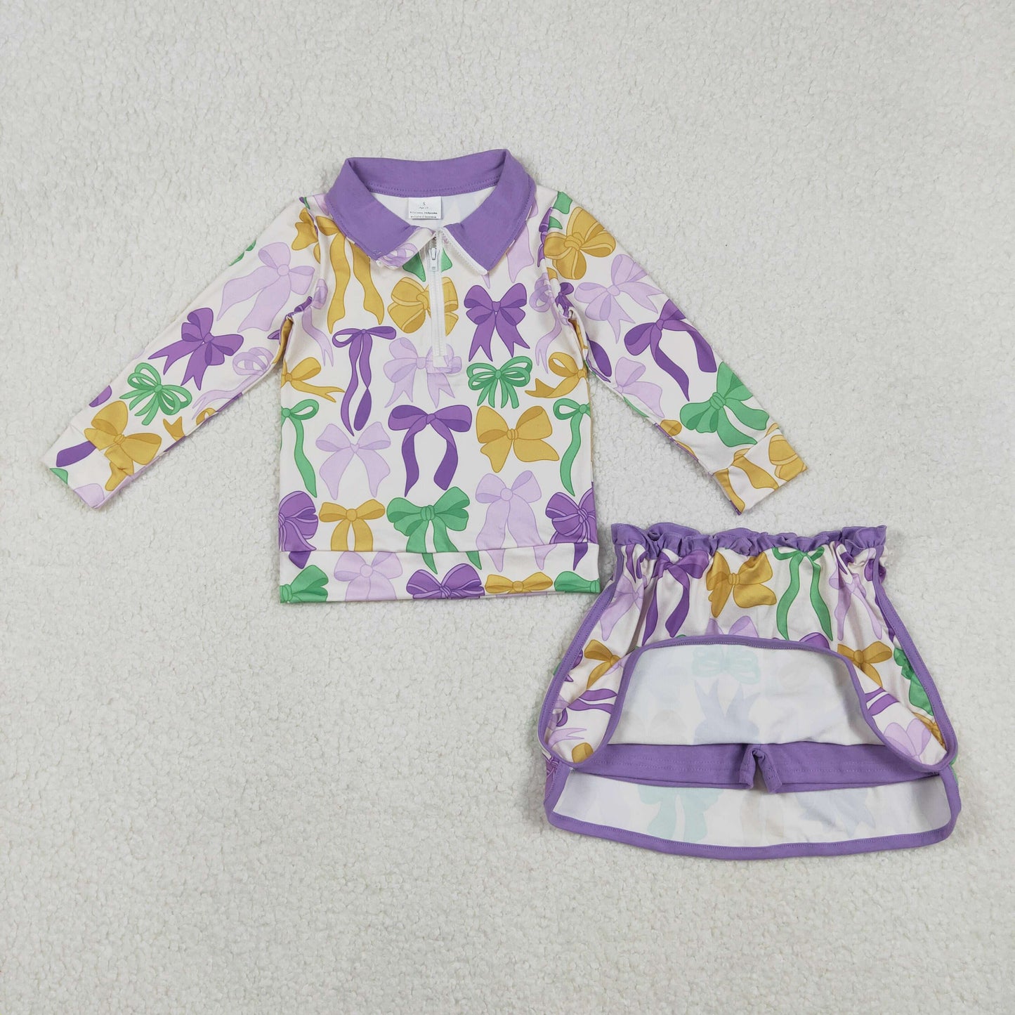 3/6m-7/8t RTS NO MOQ Sibling Baby girl clothes mardi gras bow long-sleeved trousers suit & rompers and top and skirts sets