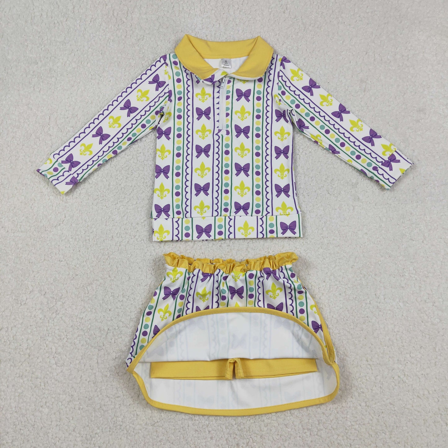 RTS NO MOQ Sibling baby girl clothes yoga mardi gras long-sleeved skirt suits