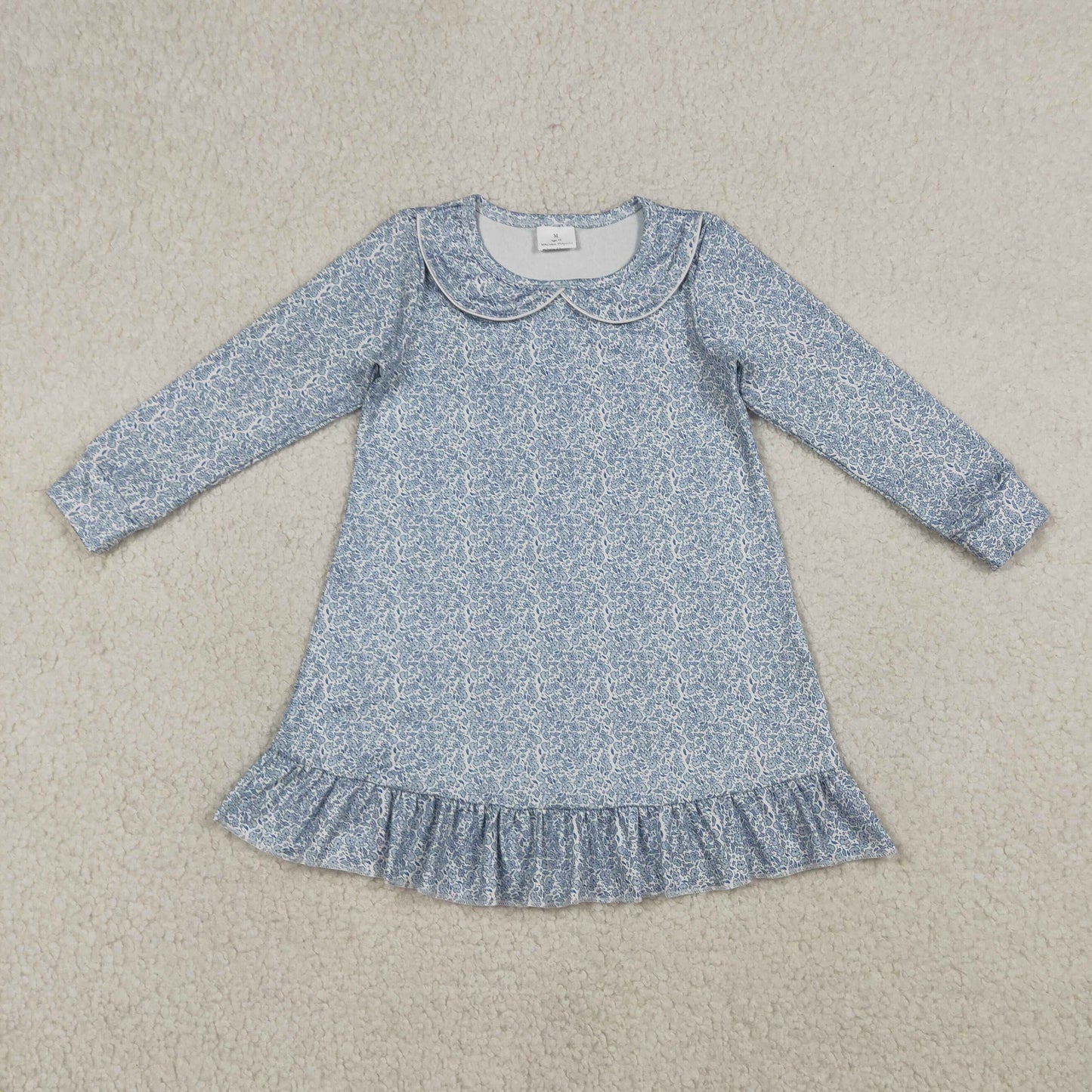 RTS NO MOQ GLD1424 Baby Girls Long Sleeve Blue Floral Collar Ruffle Knee-Length Dress Cute Infant Girl Outfit