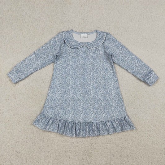 RTS NO MOQ GLD1424 Baby Girls Long Sleeve Blue Floral Collar Ruffle Knee-Length Dress Cute Infant Girl Outfit