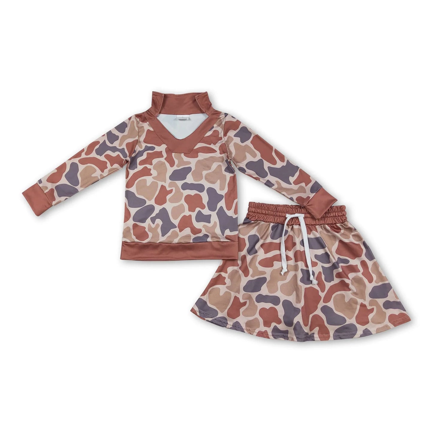RTS NO MOQ Sibling milk silk Baby Girls Camo Print Long Sleeve Top Skirts Clothes Set