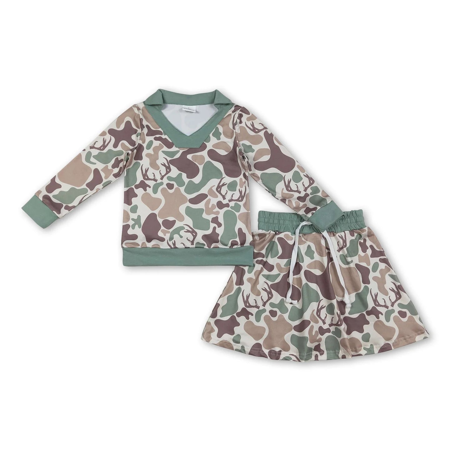 RTS NO MOQ Sibling milk silk Baby Girls Camo Print Long Sleeve Top Skirts Clothes Set