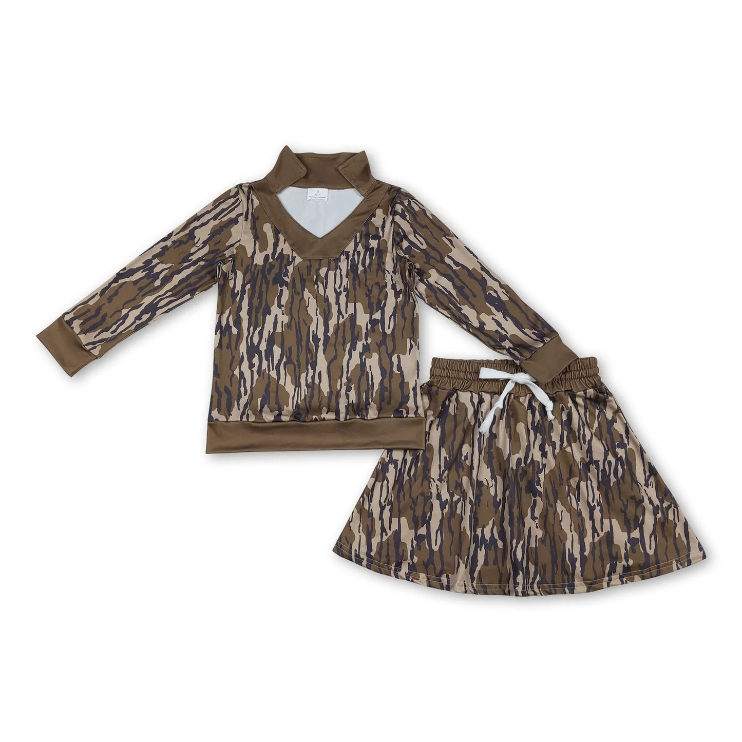 RTS NO MOQ Sibling milk silk Baby Girls Camo Print Long Sleeve Top Skirts Clothes Set
