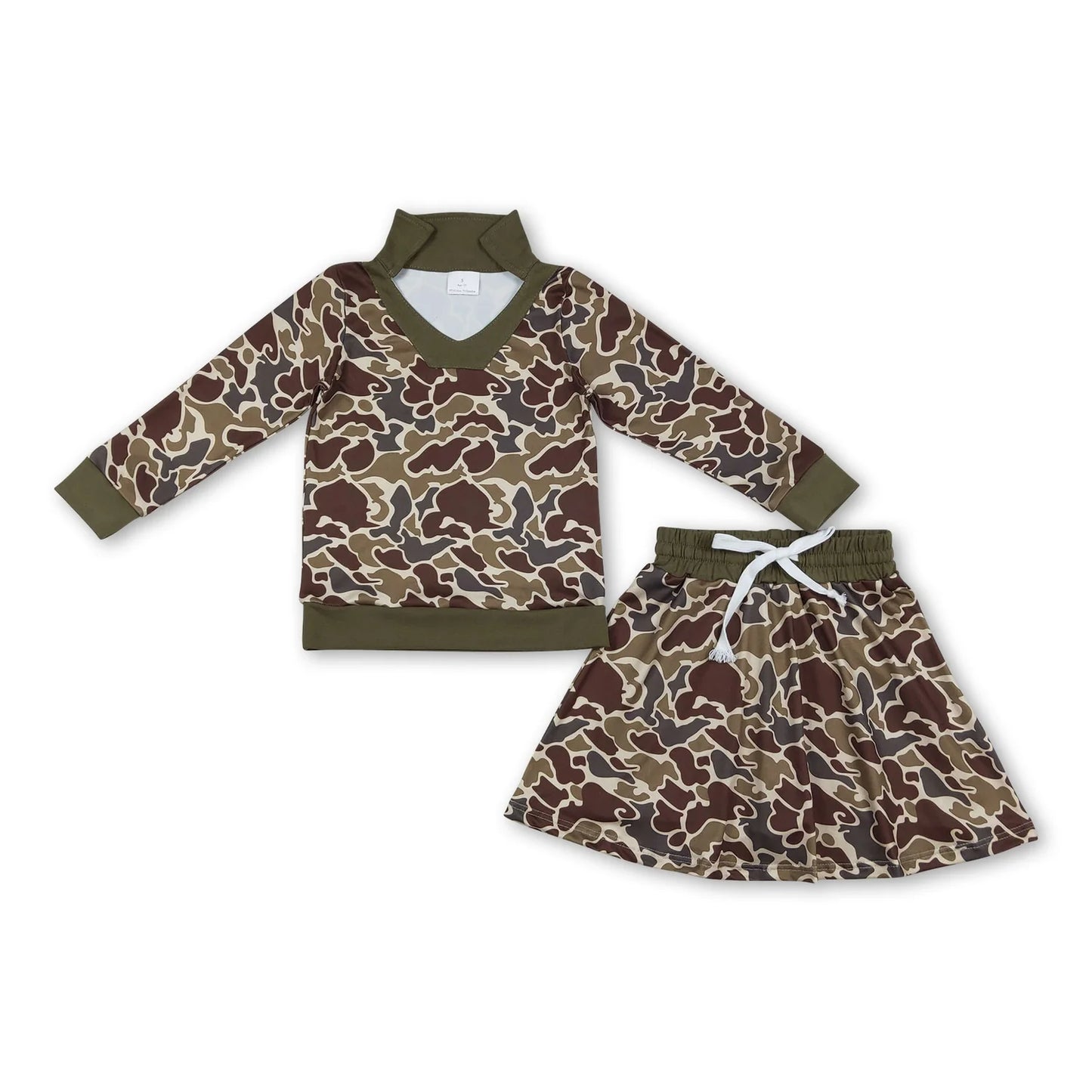 RTS NO MOQ Sibling milk silk Baby Girls Camo Print Long Sleeve Top Skirts Clothes Set
