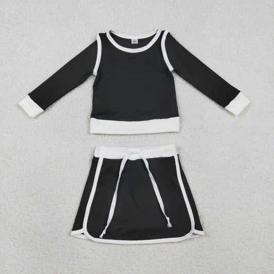 RTS NO MOQ GLD1481 Baby Girls Black Long Sleeve Top with Skirt And Shorts Yoga Active Wear Clothing Set for Kids
