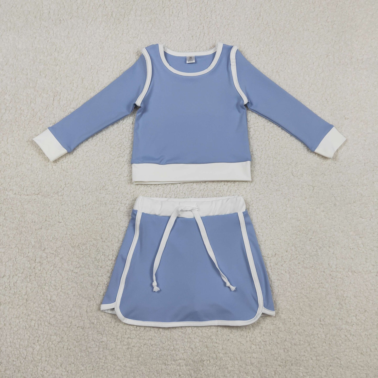 RTS NO MOQ GLD1483 Baby Girls Blue Long Sleeve Top with Skirt And Shorts Yoga Active Wear Clothing Set for Kids