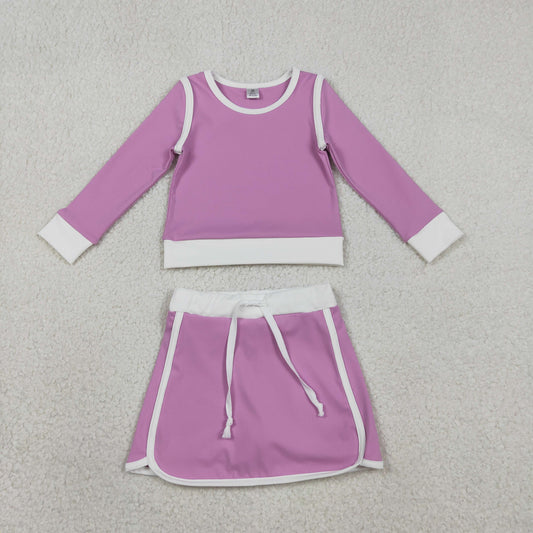 RTS NO MOQ GLD1484 Baby Girls Lavender Long Sleeve Top with Skirt And Shorts Yoga Active Wear Clothing Set