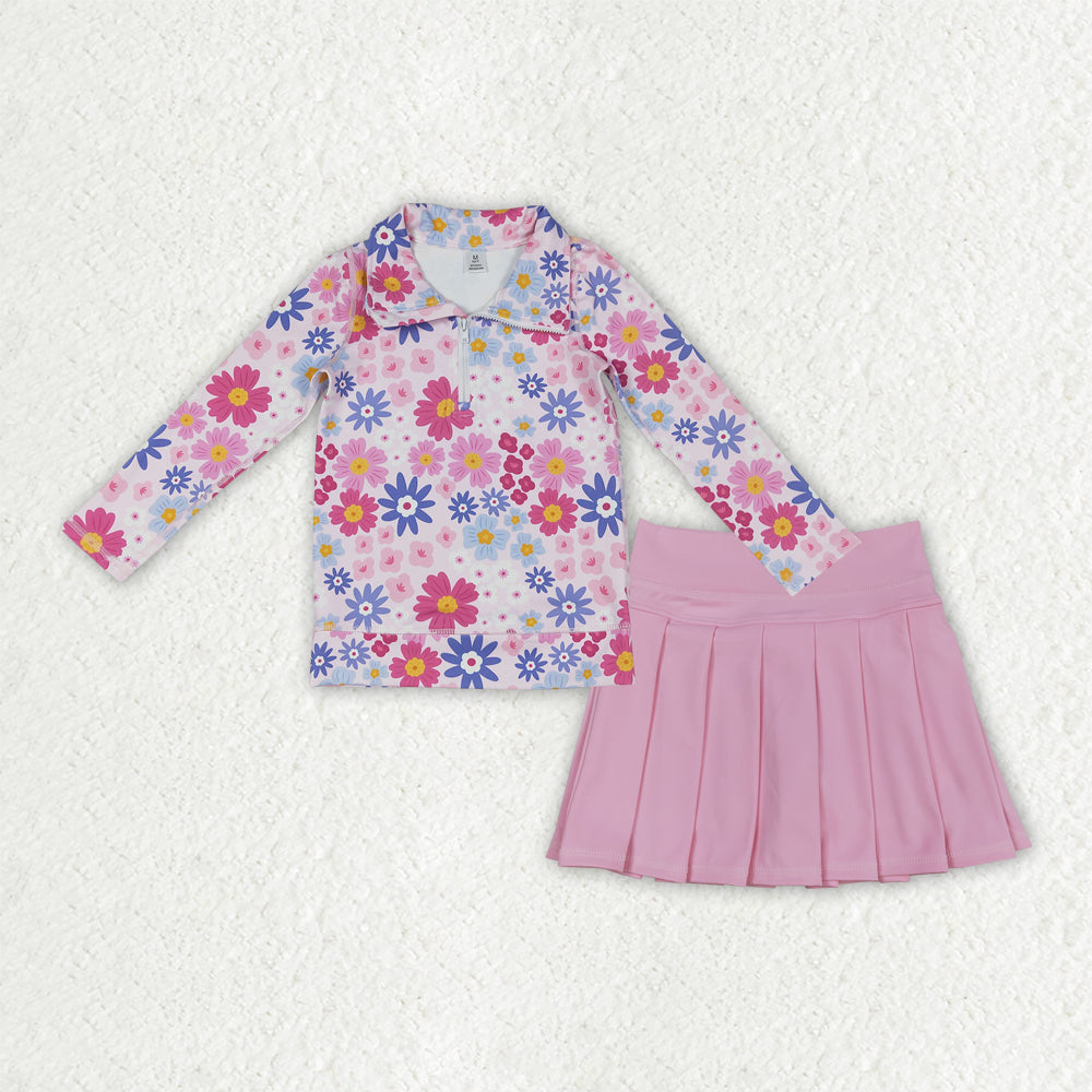 RTS NO MOQ（In Stock) Colorful Floral Zipper Yoga Long-Sleeve Top Solid Color pink Yoga Skirt set-GLD1563