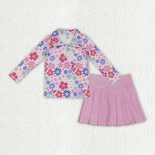 RTS NO MOQ（In Stock) Colorful Floral Zipper Yoga Long-Sleeve Top Solid Color pink Yoga Skirt set-GLD1563