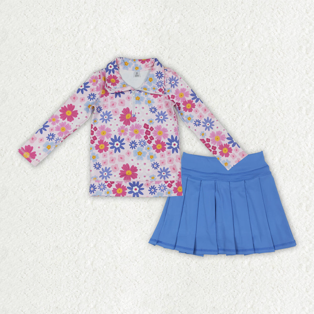 RTS NO MOQ（In Stock) Colorful Floral Zipper Yoga Long-Sleeve Top Solid Color sky blue Yoga Skirt set-GLD1564