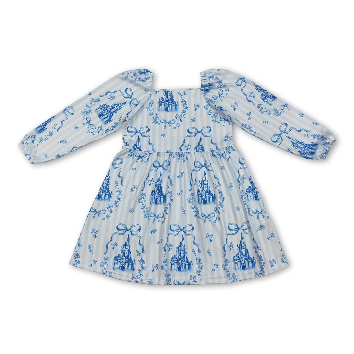 RTS NO MOQ Sibling milk silk Baby Girls Blue Stripe Bow Print Ruffle Tunic Top Bell Bottom Pants Set Dress Rompers