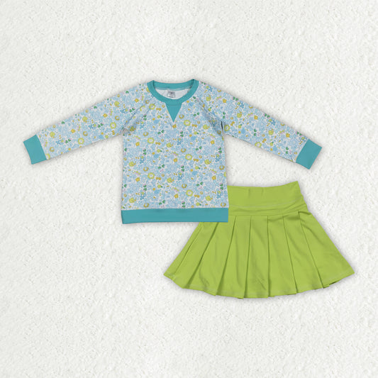 RTS NO MOQ（In Stock) baby girl clothes blue green floral yoga long sleeved top solid yoga skirt sets-GLD1570