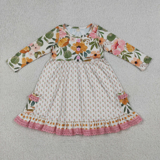 RTS NO MOQ GLD1588 Baby Girls Long Sleeve Ruffle Knee Length Dress with Button Pockets Floral Print Dress for Girls（6-12M-7-8T）