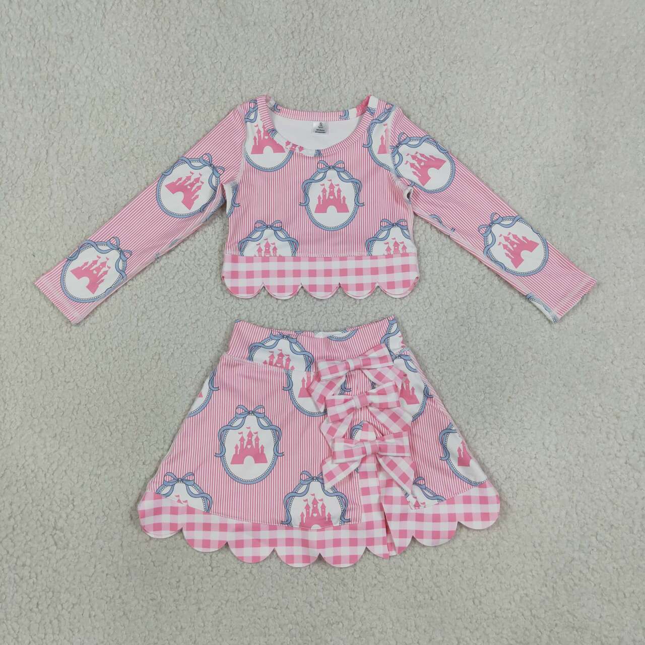 NEW RTS NO MOQ yoga fabric GLD1601 Baby Girls Pink Stripe Scallop Edge Skort Summer Yoga Set