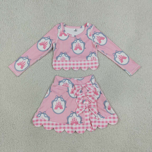 NEW RTS NO MOQ yoga fabric GLD1601 Baby Girls Pink Stripe Scallop Edge Skort Summer Yoga Set