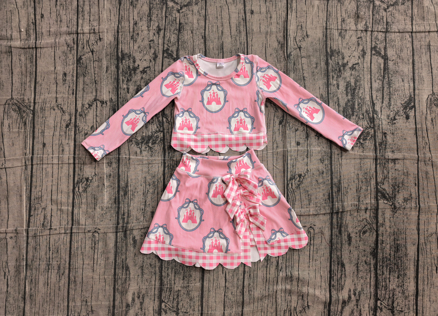 (Sample) No moq GLD1601 Yoga Baby Girls Pink Stripe Scallop Edge Skort Summer Yoga Set